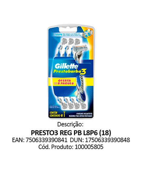 imagem do produto Aparelho de barbear prestobarba 3 regular lv8 pg6 - PROCTER E GAMBLE