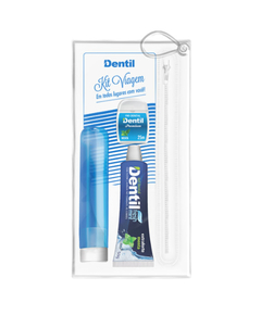 imagem de Kit viagem dentil escova + creme + fio dental azul - DENTIL
