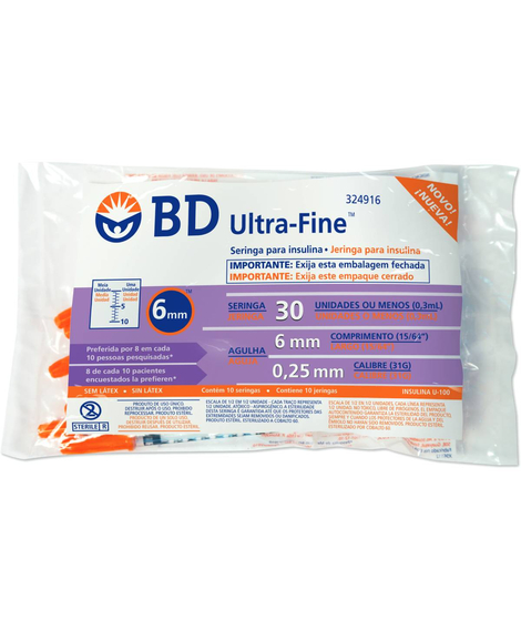 imagem do produto Seringa bd ultrafine 30ui 6x0,25mm 10 unidades - BECTON DICKINSON
